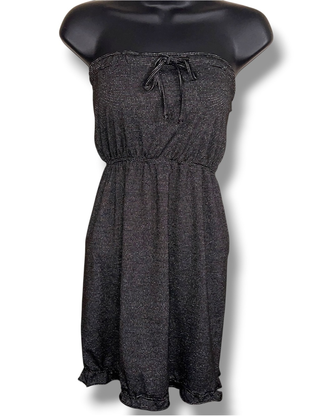Y2K XL Juniors Rue21 Black Silver Stripes Tunic Top Strapless Stretch Ruffles